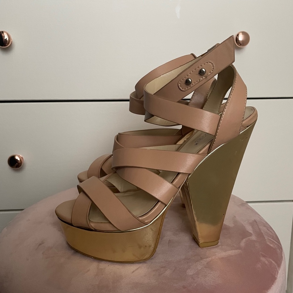 Strappy, gold metallic platform pumps